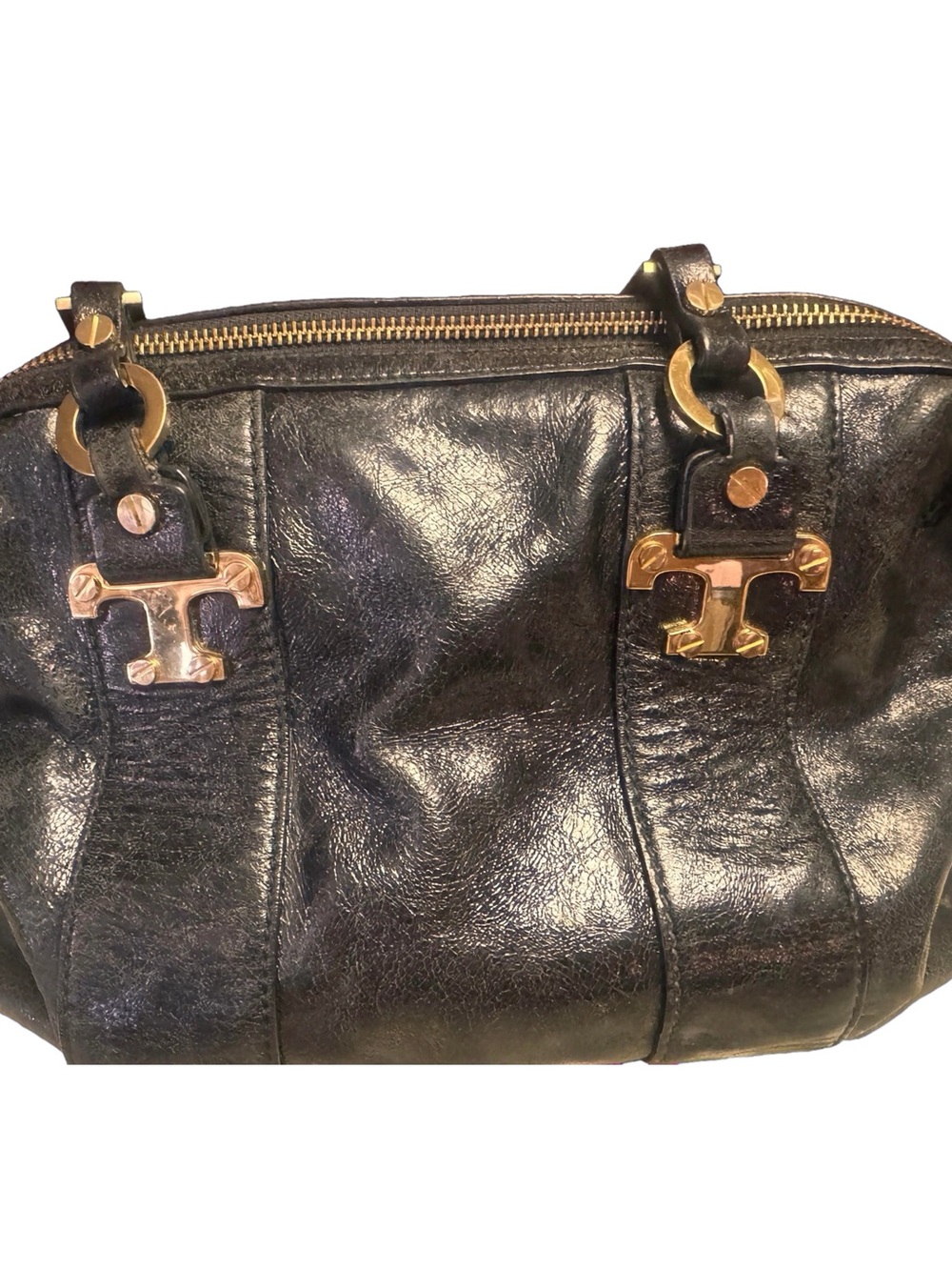 Tory Burch Black Glazed leather T Logo Satchel Sholder bag Gold Hardware.